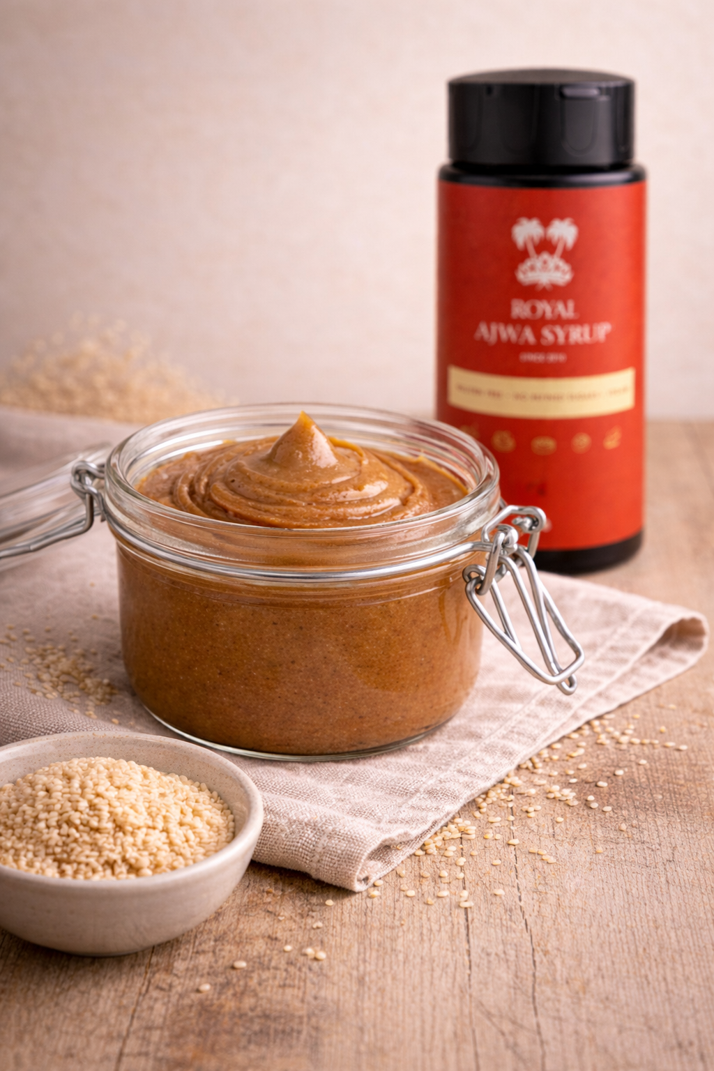 🌿 RECEPT – SESAMPASTA MET ROYAL AJWA STROOP (100% natuurlijk & gezond)